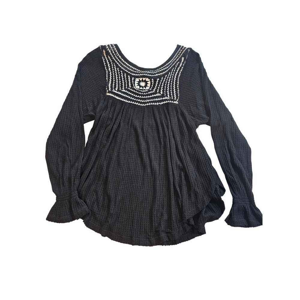 Free People Waffle Knit Top XS Black Embroidered Bell Sleeve Boho Flowy Festival